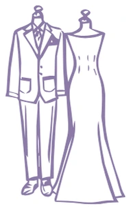 Line drawing of a suit and a gown on dress forms