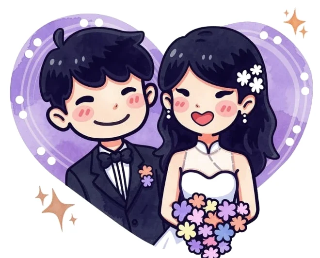 Illustration of Sam and Mica smiling inside a lavender heart, Mica in a tuxedo and Sam holding a pastel bouquet